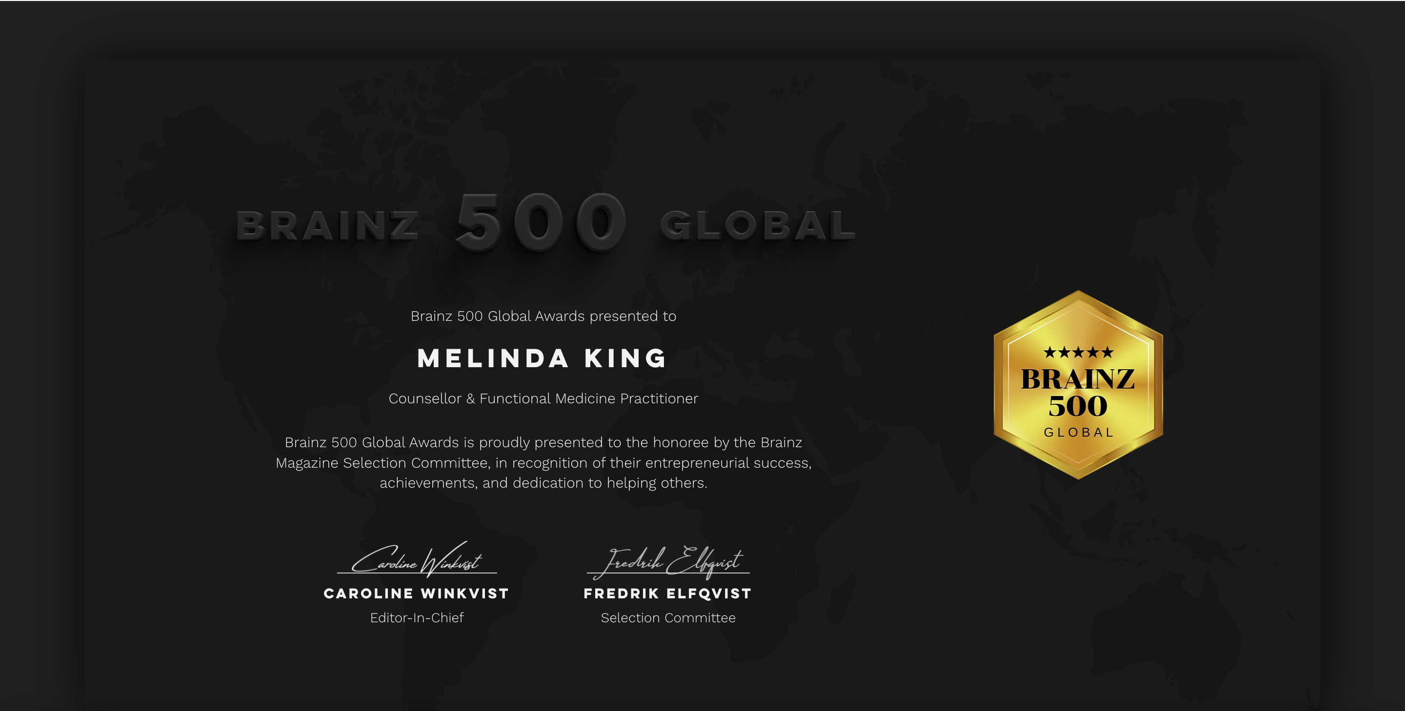 Brainz 500 Global Awards presented to Melinda King, Counsellor & Functional Medicine Practitioner