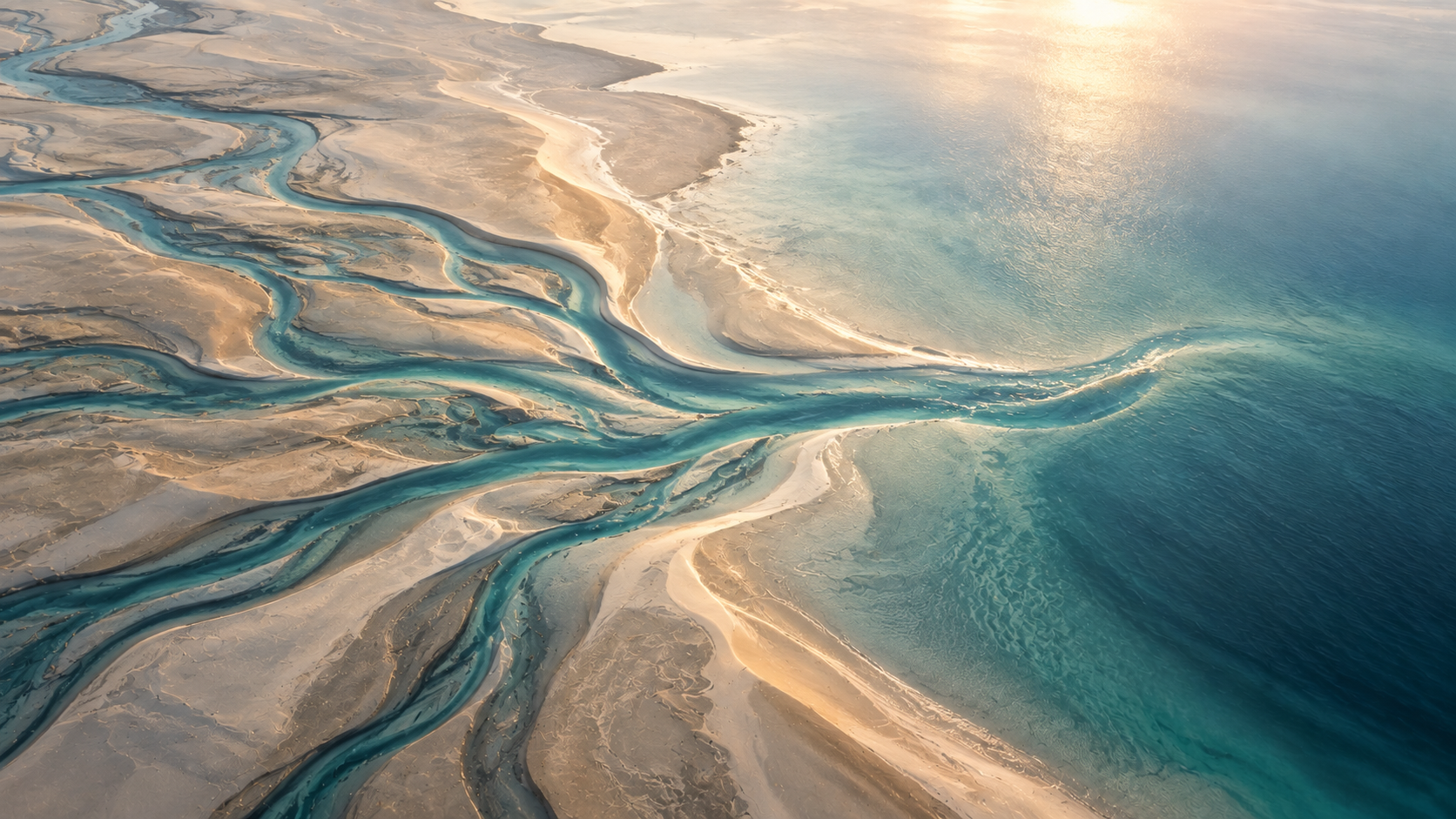 Aerial view of a teal river delta flowing into the ocean